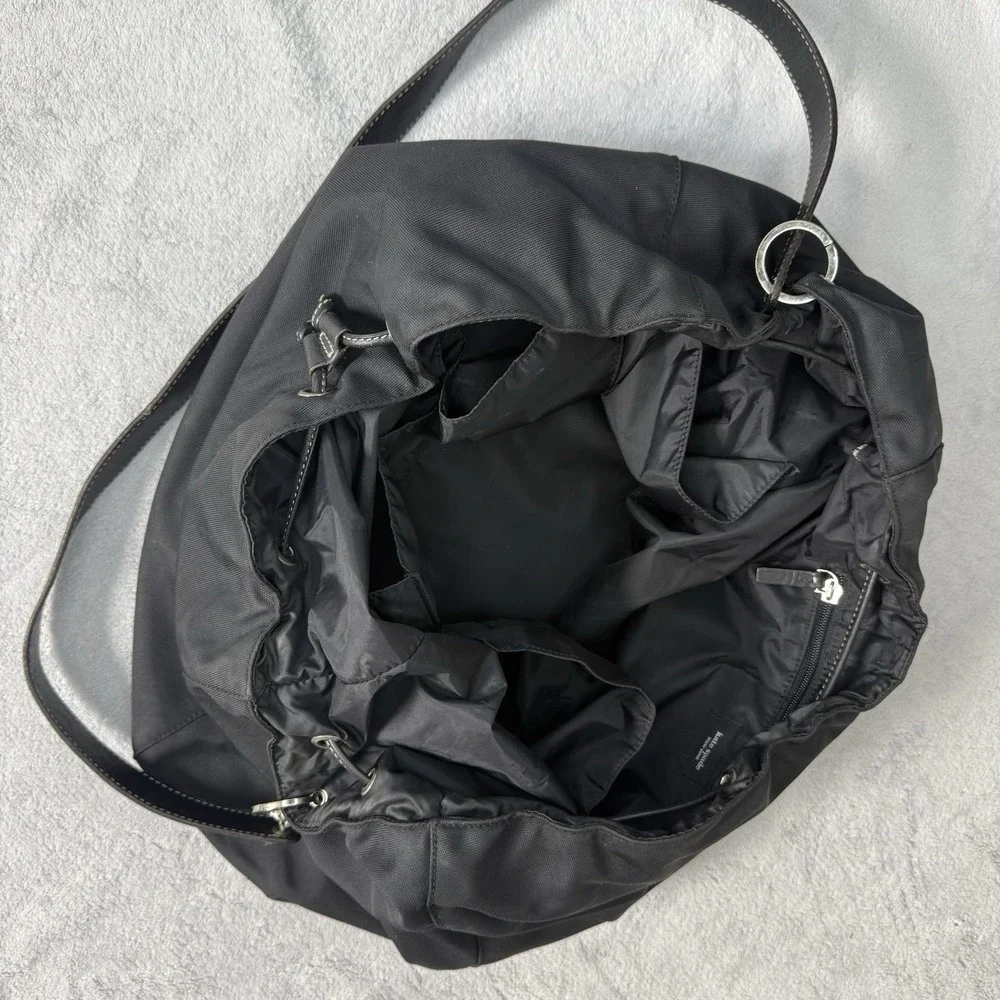 Vintage Kate Spade Black Nylon Drawstring Hobo Shoulder Bag Leather Strap